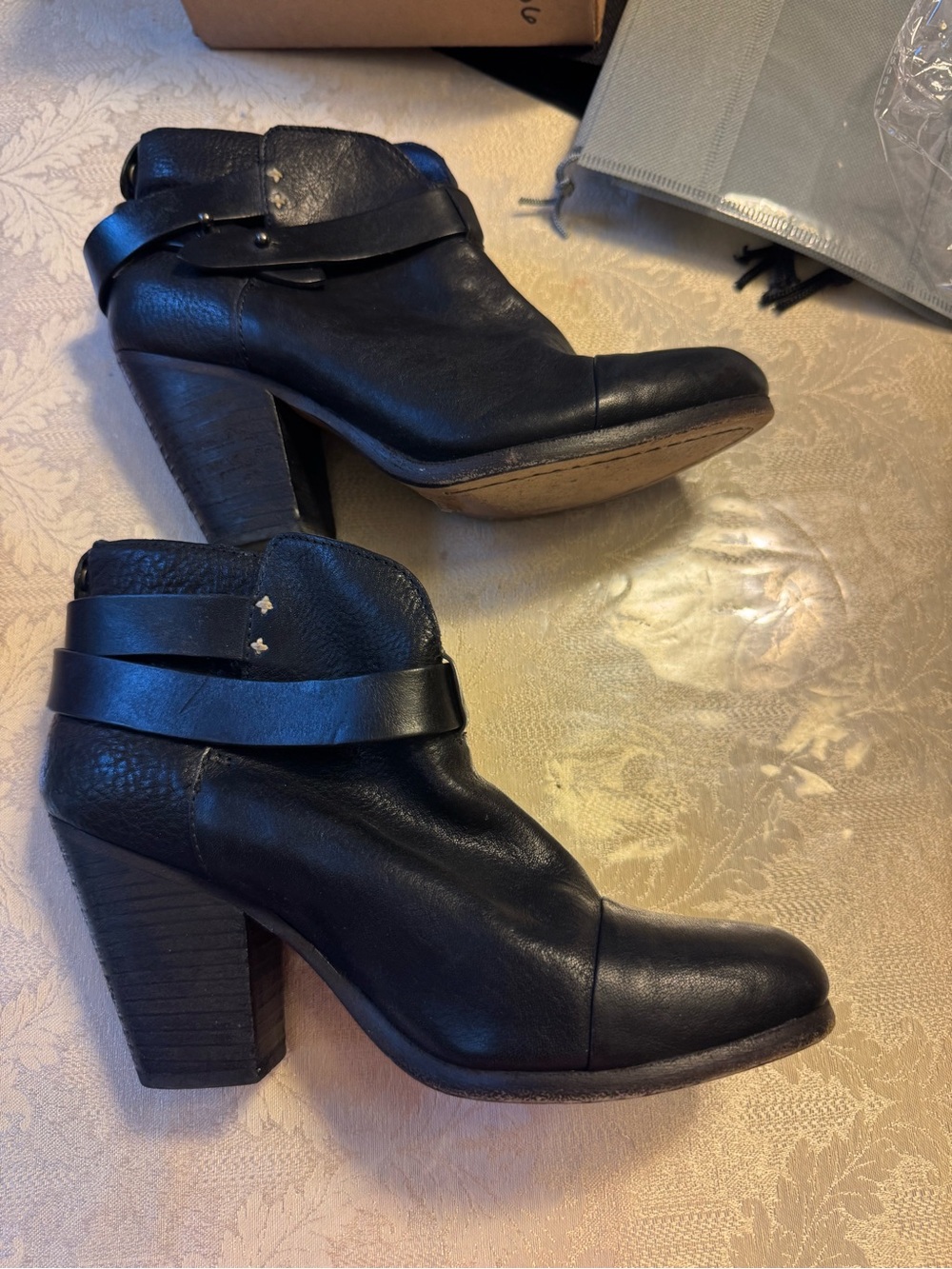 Rag & Bone Harrow Black Smooth Leather Strap Ankle Boots 36.5